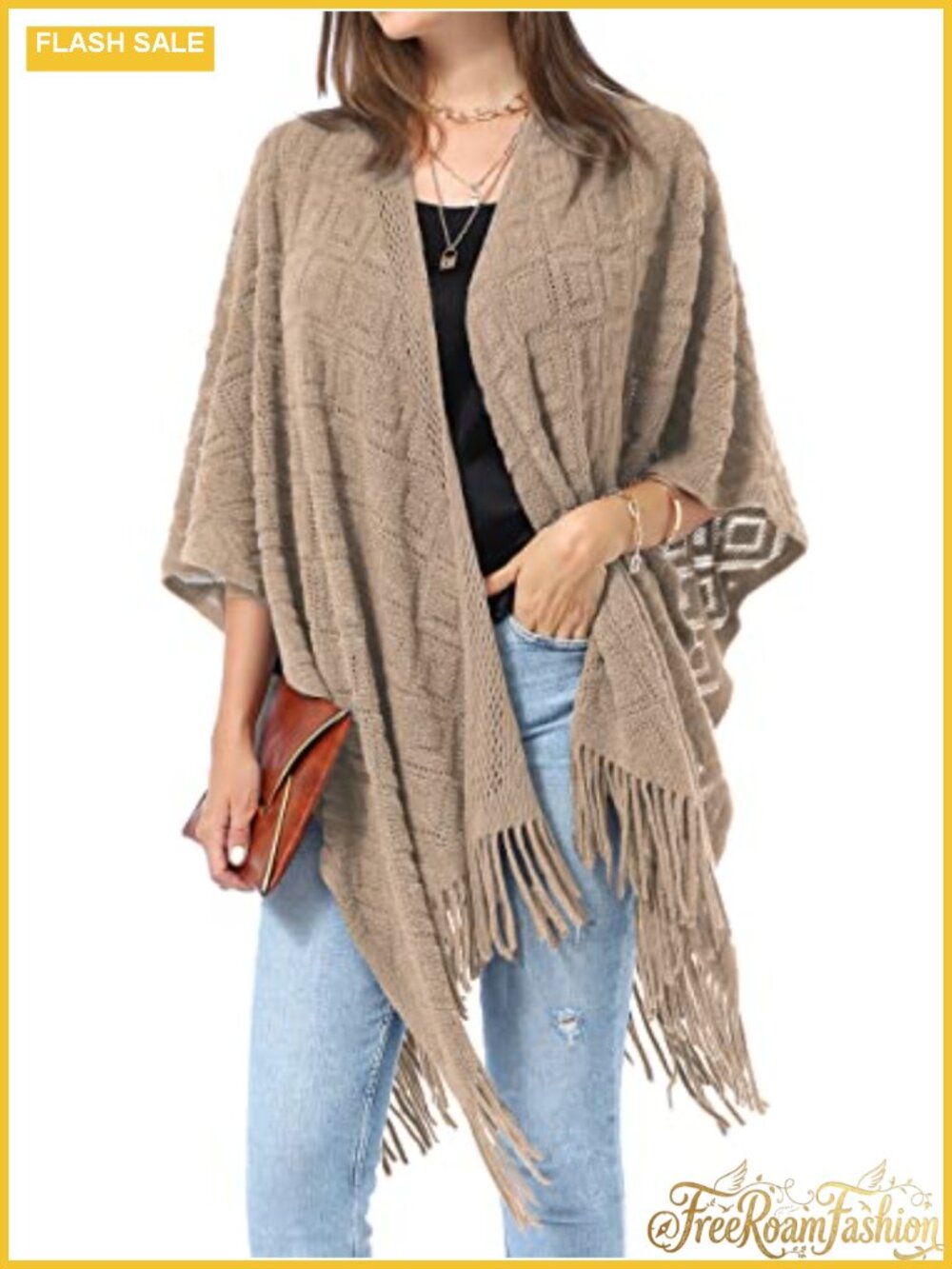 Soft Acrylic Knit Shawl Wrap Fringe Poncho Cardigan Cape